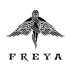 a black and white drawing of a woman with wings on her back, the word freeya