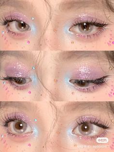 Light Blue Cute Aesthetic, Light Blue Douyin Makeup, Glitter Makeup Asian, Purple Aesthetic Makeup, Purple Eye Shadow Looks, Blue Shadow Makeup, Purple Makeup Aesthetic, Purple And Blue Eyeshadow, Chinese Makeup Look