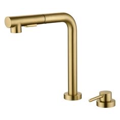 a gold faucet with two handles and nozzles on the side, in front of a white background