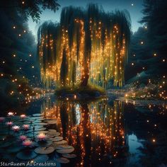 a pond filled with lots of water lilies next to a tree covered in lights