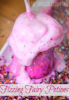 a pink ice cream sundae with sprinkles on it and the words frozen fairy