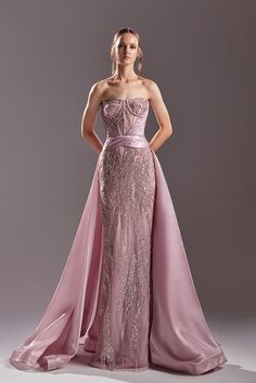 Corseted bodice fully beaded dress featuring satin overskirt - HerTrove