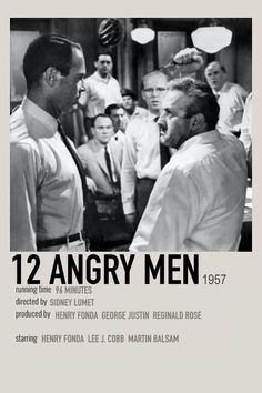 two men talking to each other in front of a group of people, with the caption 12 angry men