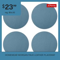 four circular gray faux leather placemats with the price $ 23 99 per set