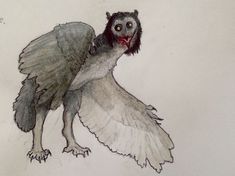 a drawing of a bird with its wings spread out and it's eyes open