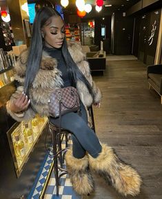 Fur Coat And Boots Outfit, Fur Coat Outfits Black Women, Fur Heel Boots Outfit Black Women, Fur Coat And Skirt Outfit, Fur Jacket Outfit Black Women, Fur Outfits Black Women, Christmas Party Outfits Baddie, Styling Fur Boots, Fur Headband Outfit Winter