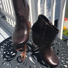 New Otbt Red Way Dark Brown Booties With 2 Side Zips. Never Been Worn. Original Packaging. Casual Leather Wedge Boots With Stacked Heel, Otbt Shoes, Brown Booties, Side Zip, Dark Brown Leather, Leather Booties, Dark Brown, Bootie Boots, Brown Leather