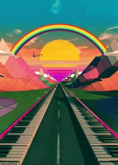 an image of a rainbow colored landscape with train tracks