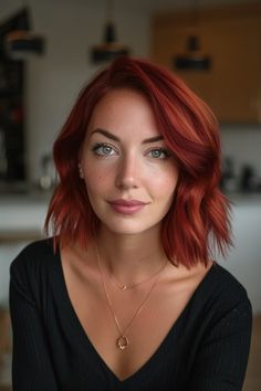 Chin Length Red Hair, Copper Hair Color With Highlights, Red Hair Bob Haircut, Medium Length Red Hair, Short Red Hair With Bangs, Red Hair Straight, Short Red Hair Styles, Short Hair Red, Red Hair Short