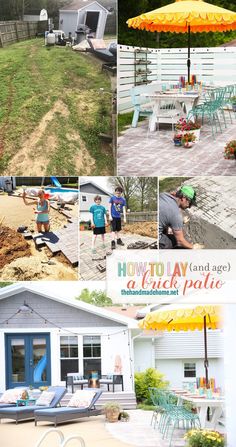 a collage of photos showing the backyard and pool area