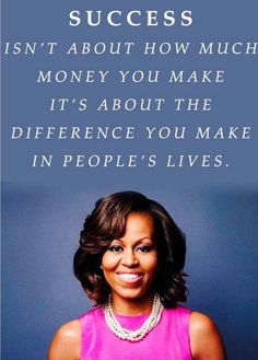 the first lady is smiling and holding her hands in her pockets with an inspirational quote above it