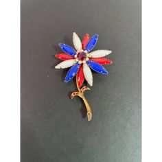 Flower  blue red white Patriotic Flag gold tone brooch pin Red Vintage Lapel Pin As Gift, Vintage Red Lapel Pin As Gift, Red Vintage Lapel Pin For Gift, Vintage Red Lapel Pin For Gift, Red Retro Brooch Jewelry, Retro Red Brooch Jewelry, Patriotic Flag, Flower Blue, Brooch Pin