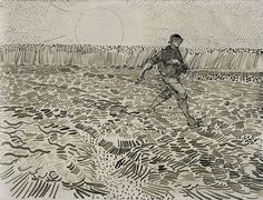 a drawing of a man walking across a field