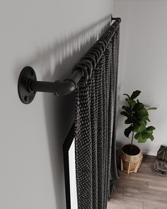 Loft Curtain, Curtain Rods Ideas, Black Curtain Pole, Loft Curtains, Pipe Curtain Rods, Industrial Curtain Rod, Industrial Curtains, Black Curtain Rods, Retro Curtains