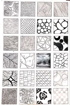 a bunch of different patterns that are drawn in black and white ink on paper, each with