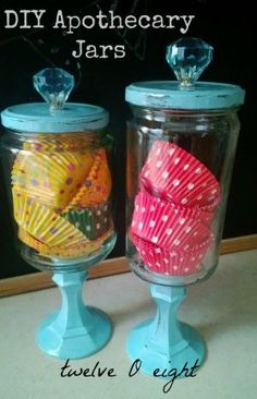 two glass jars with different types of fabric wrapped around them and the words diy apothecary jars