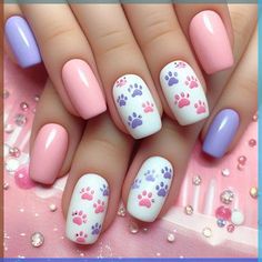 Short Cat Nails Acrylic, Animal Nails Cute, Simple Kids Nail Designs, Paw Nails Designs, Cute Kids Nails Ideas, Kid Nail Designs Cute, Puppy Nails Designs, Cute Nail Designs For Kids, Cat Paw Nails