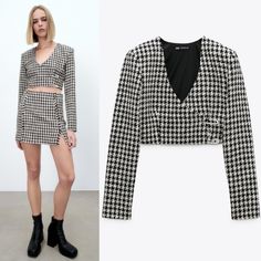 This Is A Nwt Zara Structured Houndstooth Crop Top. No Flaws. Size S Armpit To Armpit- 17in Length- 14in 68% Polyester & 32% Cotton Faux Wrap Side Zipper Rhinestone Safety Pins Clueless Cher Chic Houndstooth Pattern Tops For Workwear, Chic Houndstooth Tops For Workwear, Fitted Houndstooth Pattern Tops For Winter, Elegant Houndstooth Tops For Spring, Elegant Houndstooth Pattern Tops For Spring, Fitted Houndstooth Pattern Tops For Fall, Fitted Houndstooth Tops For Winter, Fitted Houndstooth Top For Fall, Chic Houndstooth Workwear Tops