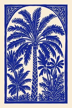 a blue and white drawing of a palm tree in the middle of a frame with an arch