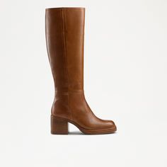 GAUCHO Knee High Block Heel Boot in Brown Waxy Leather | Russell & Bromley Long Brown Boots Outfits, Ankle Boots Outfit Winter, Boots Outfit For Women, Duo Boots, Collage Items, Long Brown Boots, Brown Knee Boots, Tan Knee High Boots, Brown Boots Outfit