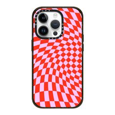 an iphone case with red and pink checkerboard pattern on the back, showing the camera