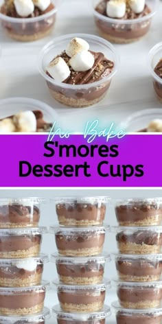 small dessert cups with marshmallows and chocolate on top are shown in this collage