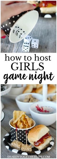 some food and chips on a table with the words how to host girls game night