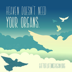 an image of a bird flying in the sky with words above it that says, heaven doesn't need your organs