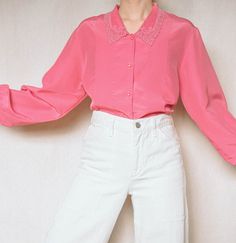 "Made in Japan ➸ Long sleeve pink blouse with front micro pleats and unique pointy embroidered collar. This dreamy blouse has front button closures (6) and a button on each cuff. Wear it with jeans, a skirt or under overalls or a pinafore. It is unlined and semi sheer (black bra can be seen in photos). *Please note: The top was pinned on the model.  -Brand/Tag: Dana Ween -Material: Polyester -Care: Dry clean (recommended) ➸ CONDITION Excellent condition. ✂ - - - - - MEASUREMENTS - - - - -  -Best Pink Long Sleeve Blouse With Lace Collar, Chic Pink Blouse With Lace Collar, Feminine Spring Blouse With Pintucks, Spring Feminine Blouse With Pintucks, Feminine Peter Pan Collar Blouse For Spring, Spring Blouse With Pleated Sleeves And Ruffled Collar, Chic Pink Top With Lace Collar, Spring Retro Top With Lace Collar, Chic Collared Embroidered Blouse