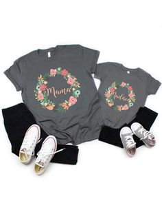 Twin with your mini superhero in our adorable mommy and me black t-shirt set! 100% cotton tops short sleeve style gray t-shirts with a peach wreath designs women's fit kids unisex t-shirts perfect as a Mother's Day gift Pink Maternity Dress, Mother Daughter Shirts, Friend Things, Matching T Shirts, Diy Shirts, Mommy And Me Shirt, Boys Graphic Tee, Tops Black, Making Shirts