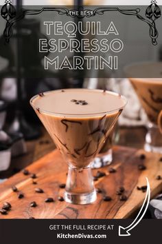 a tequila espresso martini on a wood cutting board with some coffee beans on it. Martini Recipes Classic, Coffee Martini Recipe, Chocolate Tequila, Tequila Drinks Recipes, Chocolate Martini Recipe, Baileys Drinks, Baileys Cocktails