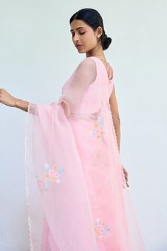 Pink silk organza scallop hem saree with floral thread motif embroidery. - Aza Fashions Saree Women, Motif Embroidery, Floral Saree, Scallop Hem, Silk Organza, Scalloped Hem, Pink Silk, Aza Fashion, Floral Embroidery