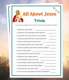 "All About Jesus Trivia, Bible Games, Bible Quiz, Bible Trivia, Jesus Trivia for Kids and Adults, Sunday School Games, Bible Quiz Printable WHAT YOU GET: 1 Printable Bible Games Template in Size: 5 × 7\" and 8.5 x 11\"  (2 per page) 1 Answer Key Template HOW IT WORKS: After purchase, you will receive a download link where you will access your PDF files in Size: (5 × 7\") and (8.5 x 11\" - 2 per page) that you can print at home or at the printing shop. You will also receive an email from Etsy with your download(s) or feel free to log in to your account to access your downloads at any time. It is as simple as that. They print beautifully! READ THIS FIRST! --THIS IS A DIGITAL DOWNLOAD. NO PHYSICAL ITEM WILL BE SHIPPED TO YOU.  -- THESE ARE NOT EDITABLE FILES. DOWNLOAD & PRINT AS IT IS --WE DO Bible Trivia For Adults, Bible Quizzes With Answers, Bible Trivia For Kids, Bible Trivia Questions And Answers, Bible Jeopardy, Bible Emoji, Bible Quiz Games, Jesus Games, Trivia For Kids