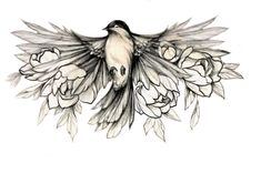 a black and white drawing of a bird with flowers on it's back wing