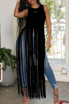 Lasaky - Chic Solid Tassel O Neck Casual Tops Look Hippie Chic, Black Fringe Top, Elegante Y Chic, Fringe Top, Perfect Prom Dress, Black Fringe, Trend Fashion, Hippie Chic, Sleeveless Vest