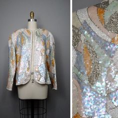 Art Deco Styled Sequined And Beaded Embellished Blazer. Please See Measurements For Sizing Info But Would Best Fit A Size L To Xl Fitted White Embellished Outerwear, Fall Wedding Outerwear With Sequins, White Sequined Long Sleeve Outerwear, Embellished Blazer, Art Deco Color, Jacket Art, Sequin Jacket, Sequin Beading, White Blazer