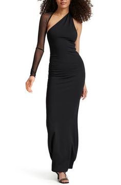 A single mesh sleeve adds textural intrigue to an open-back gown flaunting an asymmetric one-shoulder neckline. One-shoulder neck Single long sleeve Lined 60% viscose, 30% polyamide, 10% Lycra® spandex with 95% polyester, 5% elastane contrast Hand wash, line dry Imported Evening Off-shoulder Dress With Mesh Sleeves, Off-shoulder Evening Dress With Mesh Sleeves, Chic Evening Maxi Dress With Mesh Sleeves, One Shoulder Stretch Maxi Dress For Gala, One-shoulder Stretch Maxi Dress For Gala, One-shoulder Stretch Evening Dress For Formal Occasions, Fitted One Shoulder Gown For Night Out, One-shoulder Stretch Evening Dress For Night Out, One Shoulder Stretch Evening Dress For Night Out