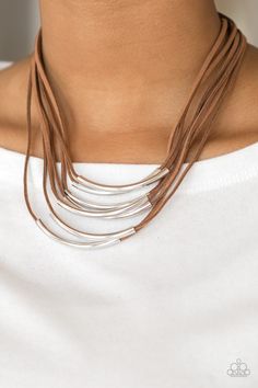 Glistening silver rods slide along strips of brown suede, creating earthy layers below the collar. Features an adjustable clasp closure.

 Sold as one individual necklace. Includes one pair of matching earrings. Brown Bracelet, Brown Necklace, Paparazzi Accessories, Brown Silver, Paparazzi Jewelry, Silver Accents, Summer Jewelry, Boutique Jewelry, Necklace Earring Set