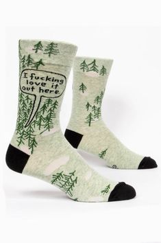 Question: If a man in a forest shouts, "I fucking love it out here!" and no one hears it, does he make a sound? Answer: No, and that's how he likes it. Men's shoe size 7-12. 57% combed cotton; 41% nylon; 2% spandex. Outdoorsy Man, Blue Q Socks, Humanitarian Work, Blue Q, Mens Crew Socks, Men's Shoe, Funny Socks, Blue China, Gift Guides