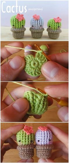 the crocheted cactus is being held up to show how it's made