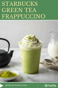 starbucks green tea frappuccino with whipped cream and matcha powder in it