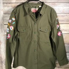 Love This Jacket! The Embroidery Is On Point. It’s A Woman’s Size Large, All Of Green And Heavier Material. Brand New With Tags! Green Cotton Outerwear With Floral Embroidery, Levis Jacket, Jean Coat, Jean Jacket, Olive Green, Levi's, Love This, A Woman, Jackets & Coats