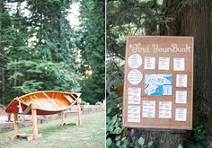 a wooden boat sitting on top of a lush green field next to a sign that says find your bank