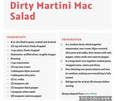 the dirty martini mac salad recipe is shown in red and white, with instructions to make it