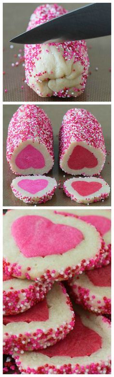 some pink and white cookies with sprinkles on them