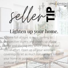 a living room filled with furniture and a quote that says sell me lighten up your home