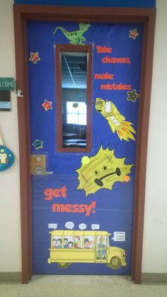 a door decorated with an image of a school bus