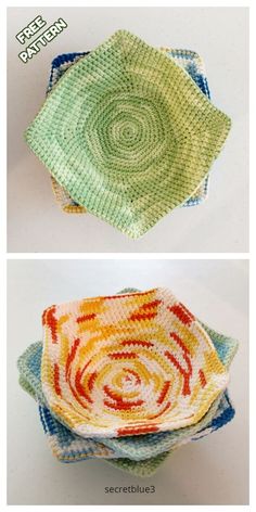 crocheted bowls with different colors and patterns are shown in the same pattern as they appear