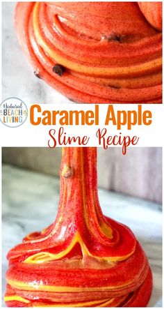 an orange and yellow vase with the words caramel apple slime recipe on it