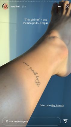 a person's foot with a small tattoo on their left ankle and the words love written in cursive writing